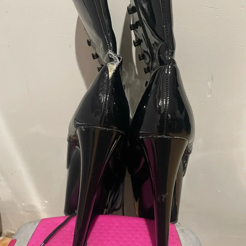 Pleaser Black Patent Platform Lace-Up Stiletto Boots